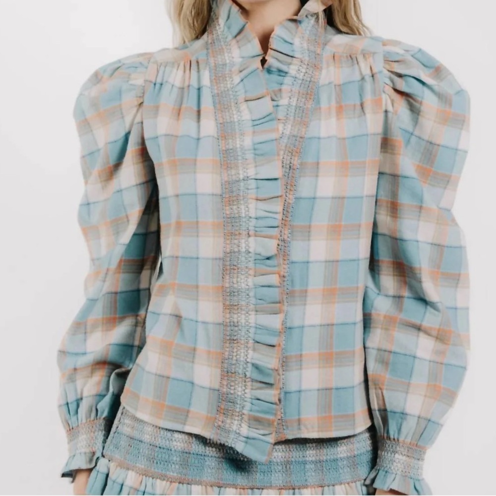 Plaid Ruffle Blouse - Blue and Orange